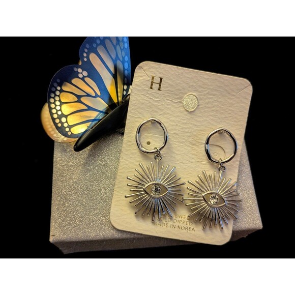 Evil Eye Sun Ray Brass Gold Dipped Silver Color Earrings - Picture 1 of 3